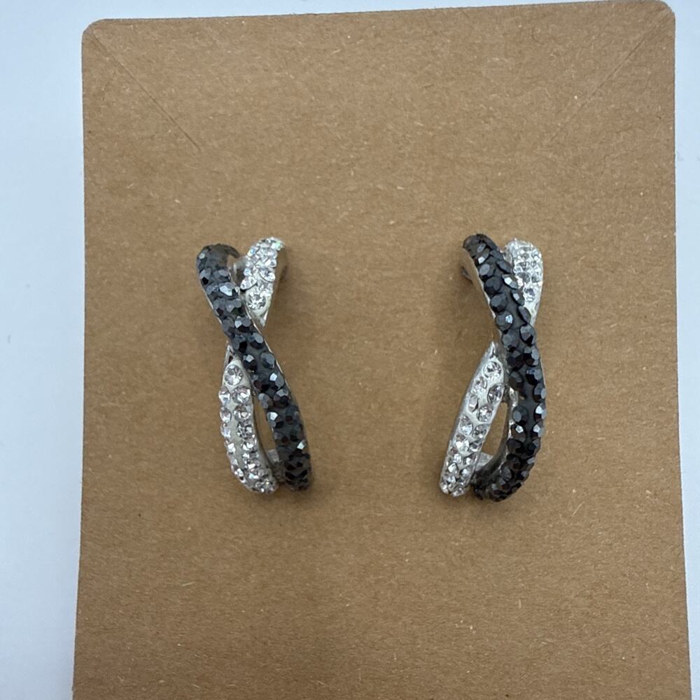 Crystal Sophistication Black & Clear Crystal Hoop Earrings Silver Plated